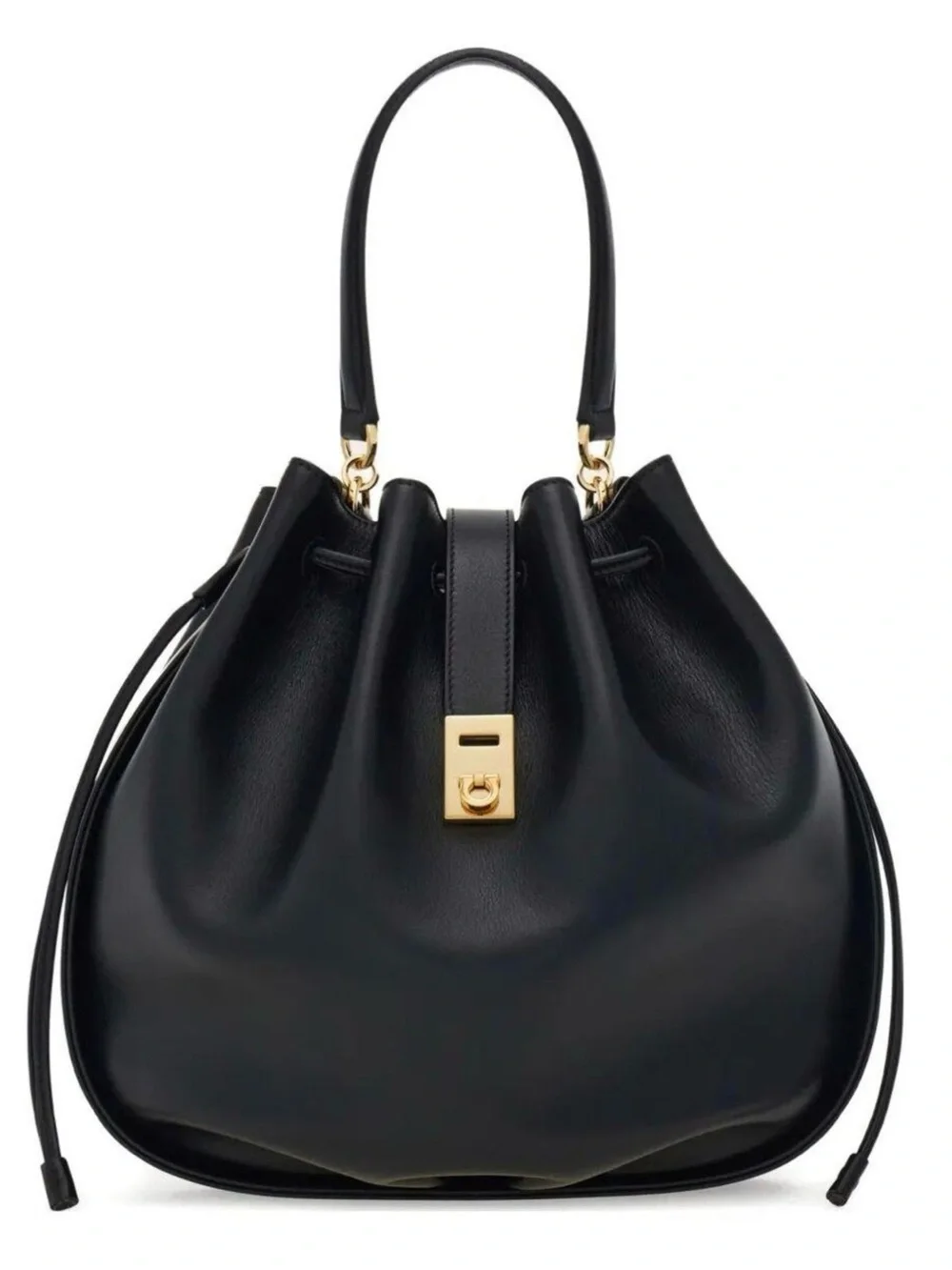 Black Leather Hug Bucket Tote Bag with Gold Hardware